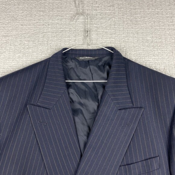Ermenegildo Zegna Blazer Navy w/ Brown Chalk Stripe Double Breasted Wool Sz 46W - Picture 2 of 16